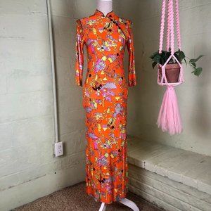 Vintage 1970s Psychedelic Kimono / Qipao / Cheongsam Maxi Dress w/POCKET!